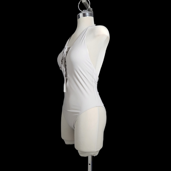 Aerie swim one piece size m Grey with tie up neck and pads bodysuit - Picture 2 of 11
